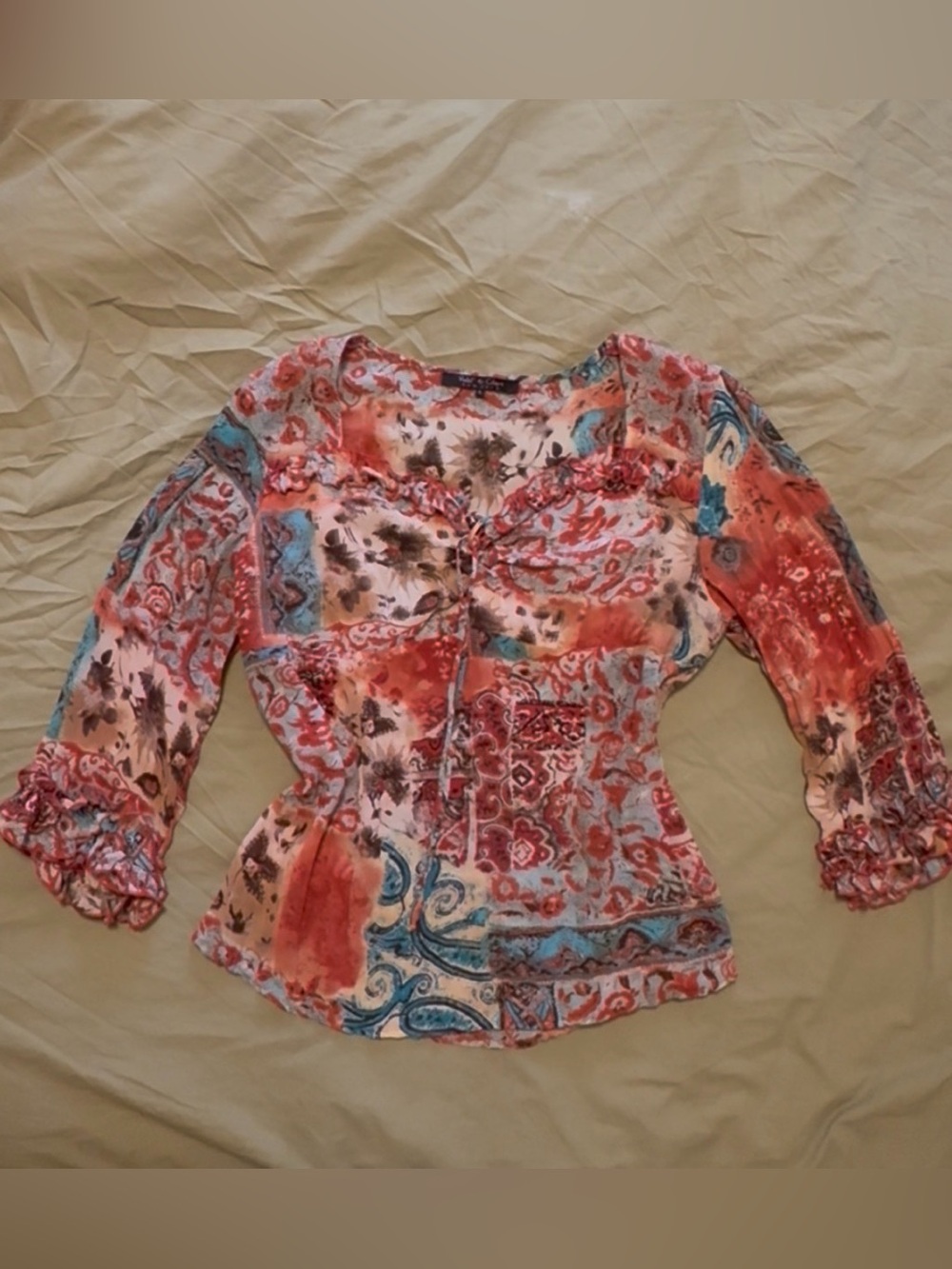 Floral Paisley Ruffle-Sleeve Women’s Top in Coral Pink